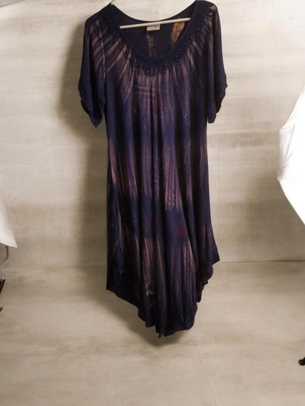 Shoreline Mini Tunic Navy Dress with Rust, red, light blue leaf 28 pit to pit